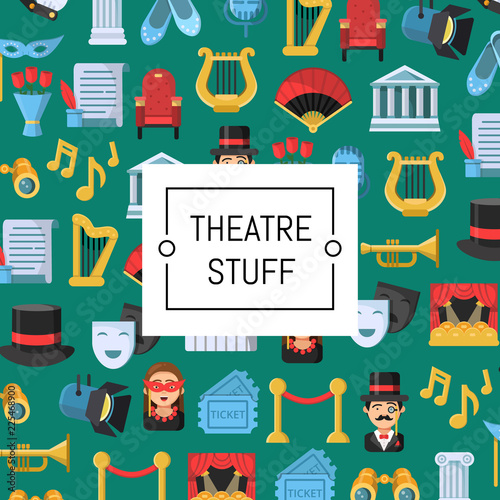 Vector flat theatre icons background ir colored pattern with place for text illustration