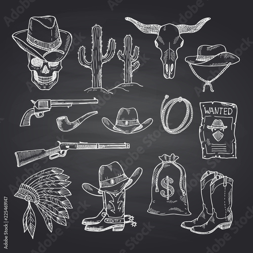 Vector hand drawn wild west cowboy elements set on black chalkboard background illustration photo