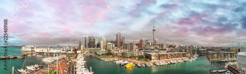 Aerial panoramic view of Auckland skyline at dusk, New Zealand