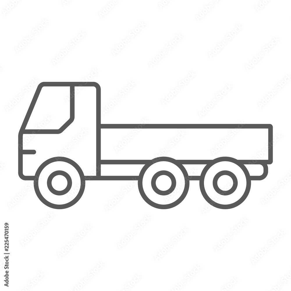 Flatbed truck thin line icon, automobile and cargo, car sign, vector graphics, a linear pattern on a white background.