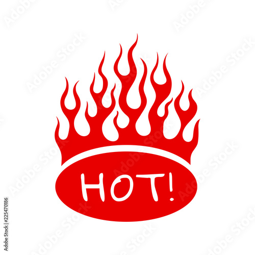 Cartoon hot food flames emblem. Vector illustration with red fire flame on oval sign HOT isolated on white background. Blazing bonfire for tribal tattoo, flammable decals or spicy restaurant menu