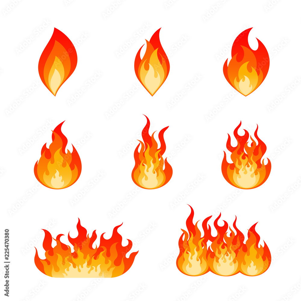 Collection of flat vector flare flames and bonfire. Nine type of burning fire flame and hot blazing campfire illustration set in red, orange and yellow colors isolated on white background. - obrazy, fototapety, plakaty 