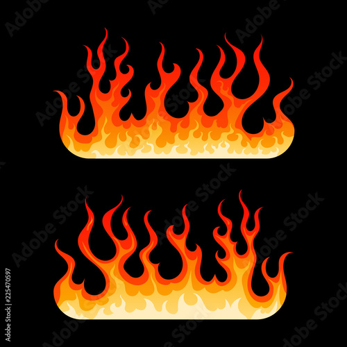 Cartoon burning flames element. Two decoration element with hot blazing fire flame in yellow, orange and red colors isolated on black background. Vector illustration for web design or flammable emblem