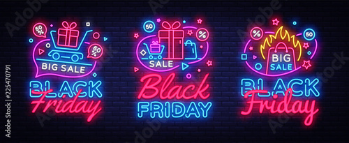 Big collectin neon signs for Black Friday Sale. Neon Banner Vector. Black Friday neon sign, design template, modern trend design, night light signboard, night bright advertising. Vector illustration