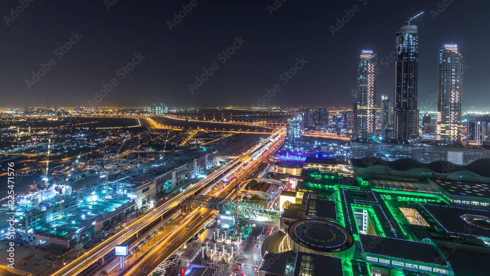 Fototapeta premium Dubai downtown night timelapse. Top view from above