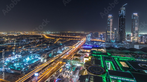 Dubai downtown night timelapse. Top view from above