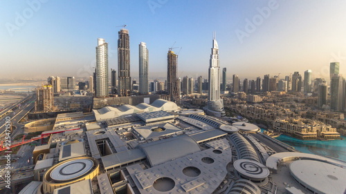 Photography Dubai downtown during all day timelapse. Top view from above
