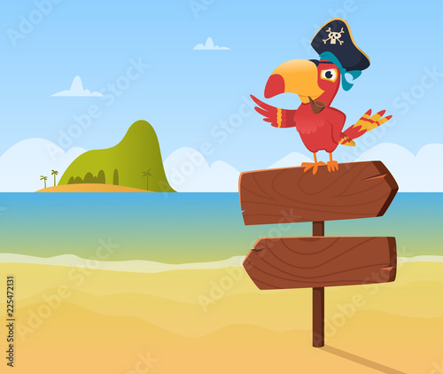 Pirate parrot. Funny colored bird arara sitting on wood sign direction vector background illustration in cartoon style. Colored pirate parrot, mascot character piracy