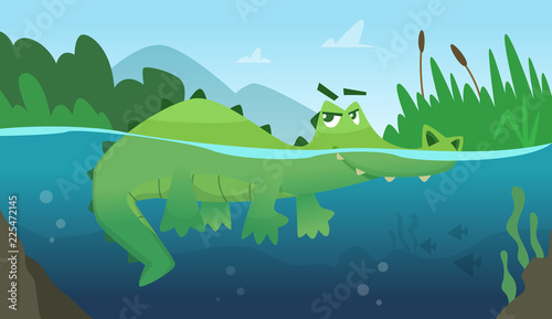 Crocodile in water. Alligator amphibian reptile wild green angry wild animal swimming vector cartoon background. Green alligator in river water, wildlife dangerous illustration