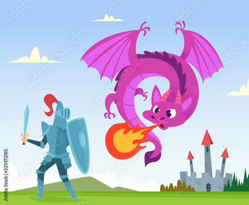 Dragon fighting. Wild fairytale fantasy creatures amphibian with wings castle attack with big flame vector background illustration. Knight and dragon, medieval monster and castle
