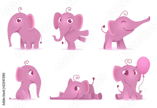 Fototapeta Naklejka Na Ścianę i Meble -  Cute baby elephants. Wild african funny adorable animals vector characters in different action poses. Illustration of pink elephant animal baby