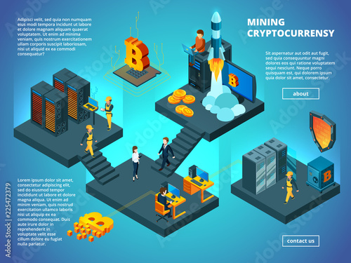 Crypto currency concept. Ico blockchain startup office analytics managers anonymous computer transaction vector isometric composition. Startup bitcoin isometric, crypto mining ico illustration