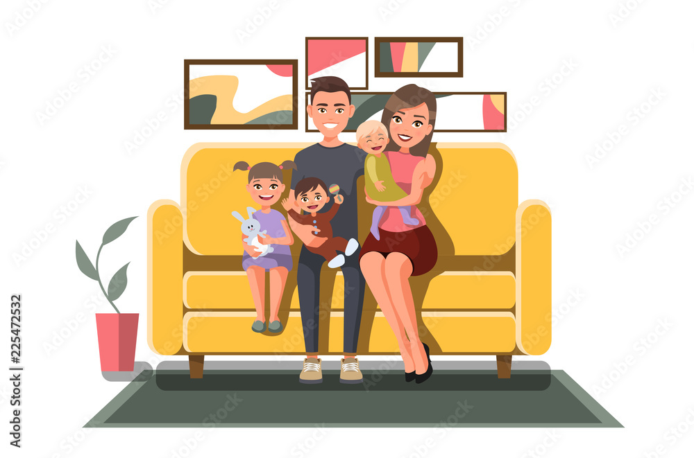 Big happy smiling family sitting on the sofa. Father, mother and children. Vector interior. Vector furniture. Vector illustration in cartoon style.