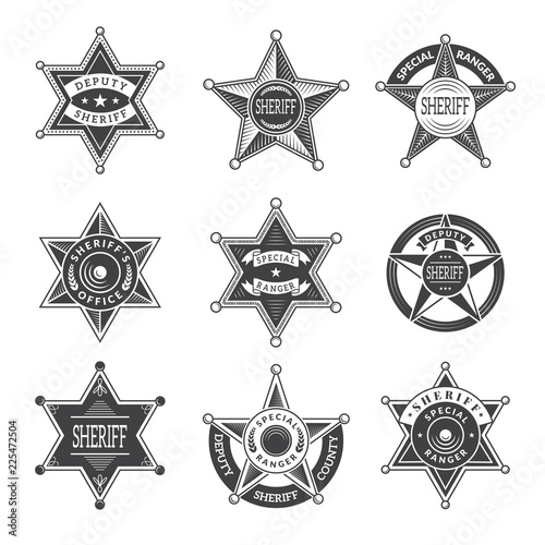 Sheriff stars badges. Western star texas and rangers shields or logos vintage vector pictures. Illustration of texas star, ranger sheriff badge photo