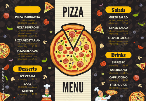 Pizzeria menu template. Italian kitchen cuisine food pizza ingredients cooking lunch and desserts vector background. Pizza menu, pizzeria with dessert and salad illustration