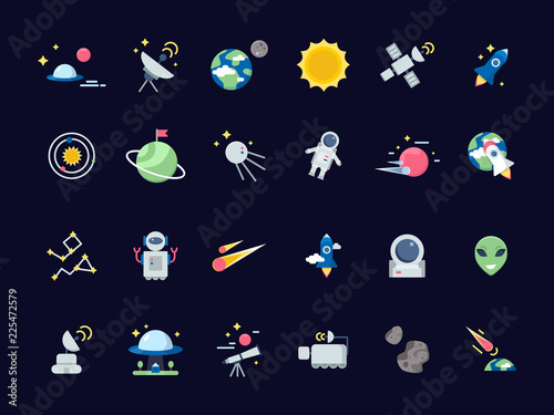 Fototapeta Naklejka Na Ścianę i Meble -  Space icons. Earth moon with sun and satellites asteroid views from telescope vector space icons in flat style. Illustration of earth and satellite, space rocket and moon, sun, asteroid, star