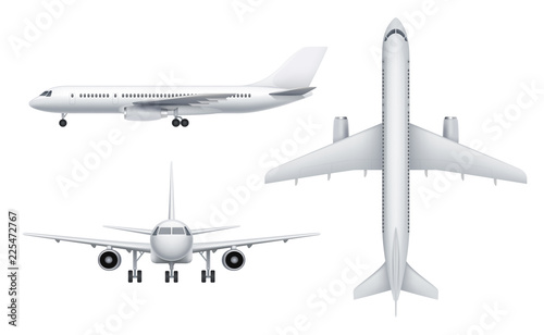 Civil aircraft views. Passenger white plane in various views fly transport realistic vector illustrations. Aircraft aviation, travel plane, transportation civil airliner