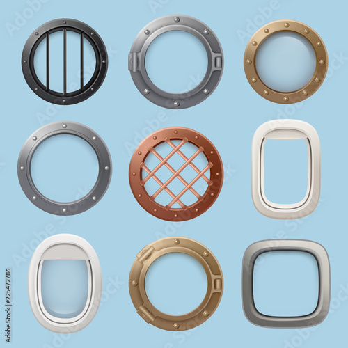 Aircraft window. Plane, jet ship or submarine interior with futuristic glass portholes of various shapes vector collection. Illustration of porthole glass frame, window submarine and airplane photo