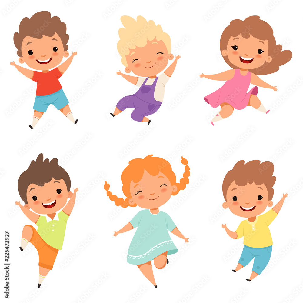 Jumping children. Cute surprised playing crazy happy kids male and female boys and girls vector cartoon characters. Female and male joy, young jumping illustration Jumping children. Cute surprised playing crazy happy kids male and female boys and girls vector cartoon characters. Female and male joy, young jumping illustration