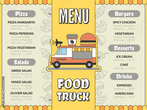 Food truck menu. Outdoor kitchen in car mobile van mexican tacos ice cream fast food drinks pizza flyer vector template. Illustration of food truck menu, street car restaurant