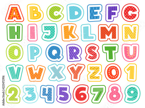 Cartoon alphabet. Cute colored letters numbers signs and symbols for school kids and childrens vector funny font. Alphabet and colored abc, font letter and number illustration