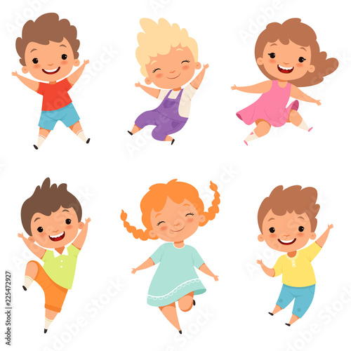 Jumping children. Cute surprised playing crazy happy kids male and female boys and girls vector cartoon characters. Female and male joy, young jumping illustration