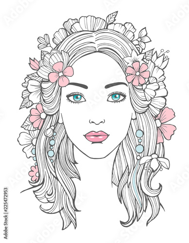 Beautiful woman portrait. Mysterious drawing beauty young female with flowers in hair vector art. Face woman portrait, girl young drawing illustration