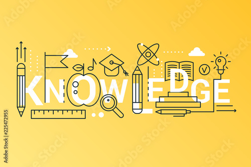 Knowledge 2019 word trendy composition concept banner. Outline stroke science, school, university and online education. Flat line icons lettering typography.