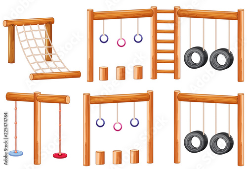Set of wooden playground equipments
