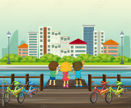 Children rent the bicycle in the park