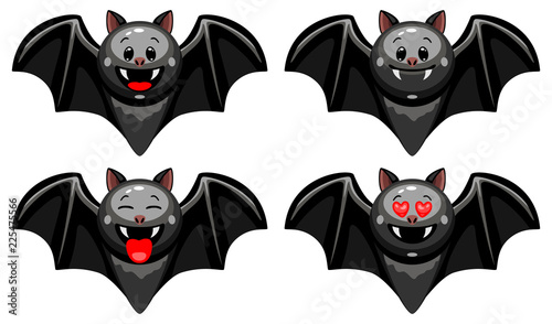 Vector set of Halloween bat emoticons. Collection of bat characters with different emotions in cartoon style on white background