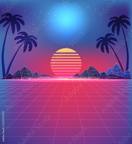 80s Style Landscape with Grid Texture in Neon