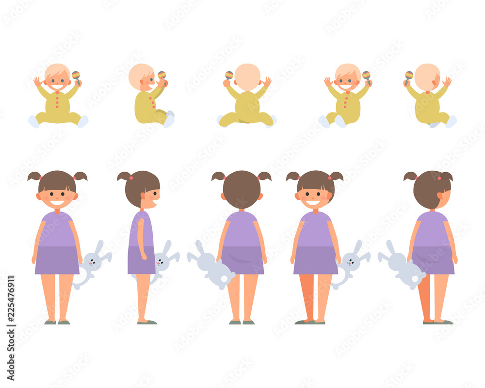 Front, side, back view animated character. Designer character creation set with various views. Cartoon style, flat vector illustration of smiling little girl and child in casual clothes. Front, side, back view animated character. Designer character creation set with various views. Cartoon style, flat vector illustration of smiling little girl and child in casual clothes.