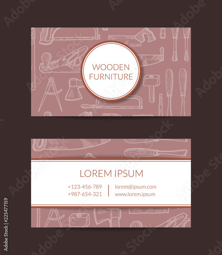 Vector hand drawn woodwork elements business card template for wooden furniture shop or hardware store illustration