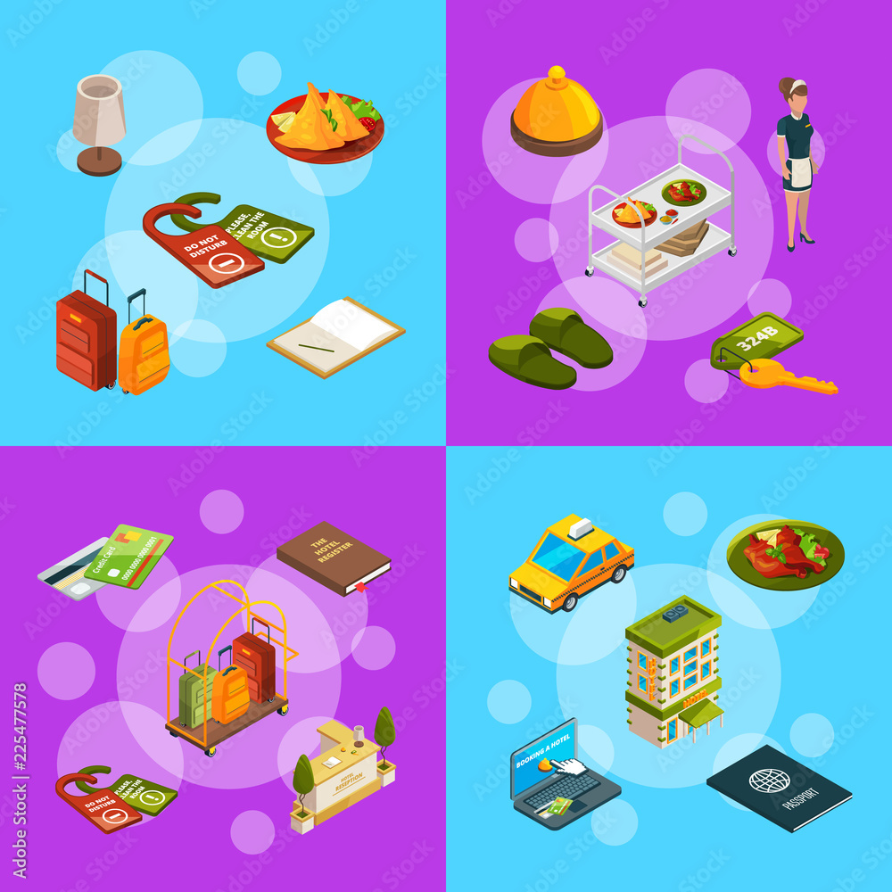 Vector isometric hotel icons infographic banner and poster concept illustration