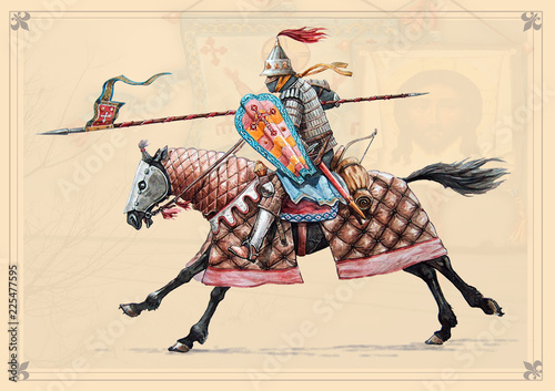 Obraz na płótnie Russian medieval knight, Peipus lake battle, mounted knight illustration
