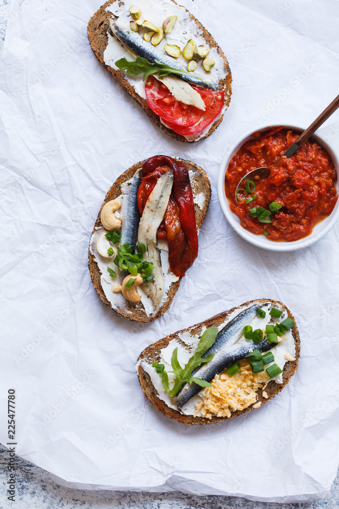 Sardines sandwiches open face, smorrebrod party starter appetizer food