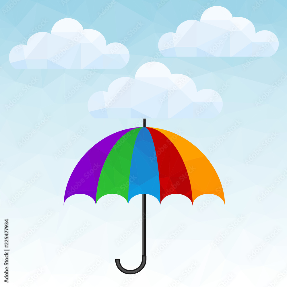 Polygonal icon with clouds and umbrella. Rain protection symbol or sign. Flat design style.