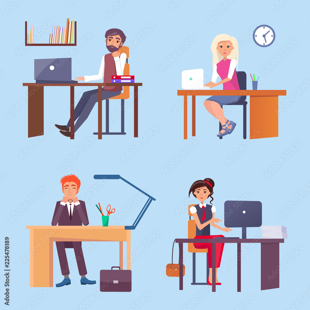 Office Employees Sit at Desks with Computers Set Office Employees Sit at Desks with Computers Set