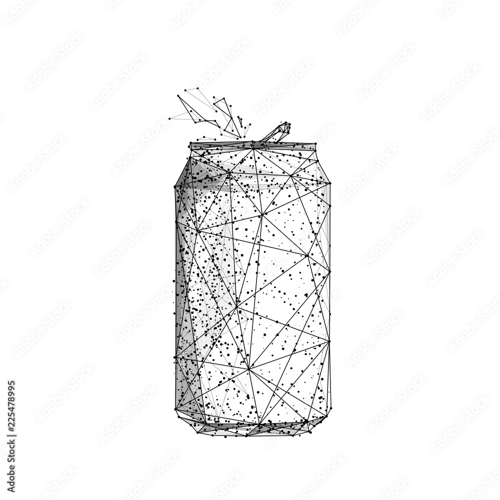 Obraz premium Soda can. Beer can. Isolated black vector illustration in low-poly style on a white background. The drawing consists of thin lines and dots. Polygonal image on topics of drinks or food. Low poly EPS.