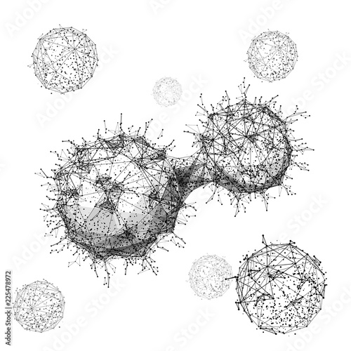 Cancer cell. Isolated black vector illustration in low-poly style on a white background. The drawing consists of thin lines and dots. Polygonal image on topics of medicine and health. Low poly EPS.