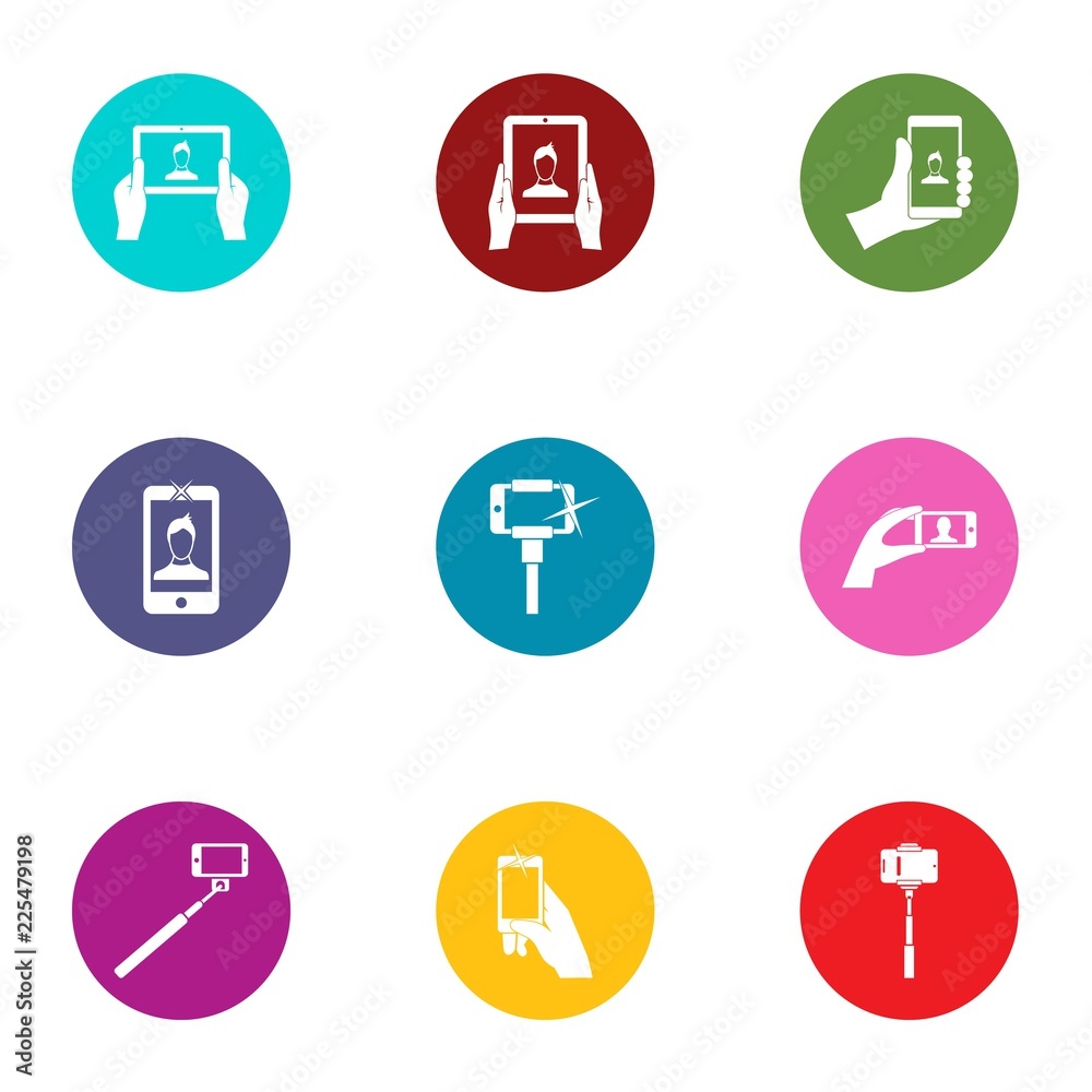 Selfie stick icons set. Flat set of 9 selfie stick vector icons for web isolated on white background Selfie stick icons set. Flat set of 9 selfie stick vector icons for web isolated on white background