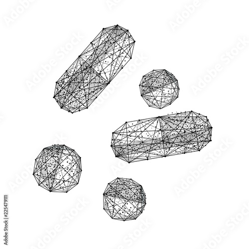 Supplements. Isolated vector illustration in low-poly style on a white background. The drawing consists of thin lines and dots. Polygonal image on topics of medicine and health. Tablets and capsules