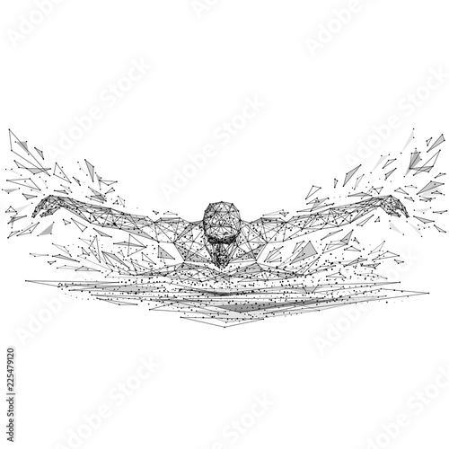 Swimmer. Isolated black vector illustration in low-poly style on a white background. The drawing consists of thin lines and dots. Polygonal image on topic of sport or health. Low poly EPS.