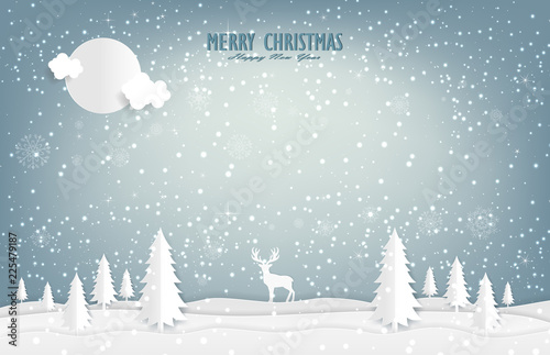 illustration of nature landscape and concept, The reindeer is in the snow-covered jungle in christmas day.design by paper art and digital craft style