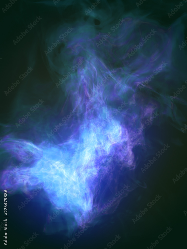 Blue turbulent flame isolated on dark background. 3d rendering