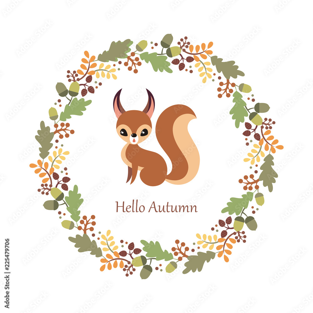 Fototapeta premium Cute squirrel in cartoon style isolated on a white background. Autumn poster. Childhood vector illustration.