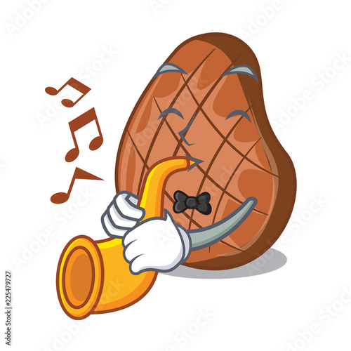 With trumpet cooked grilled beef steaks in cartoon kitchen