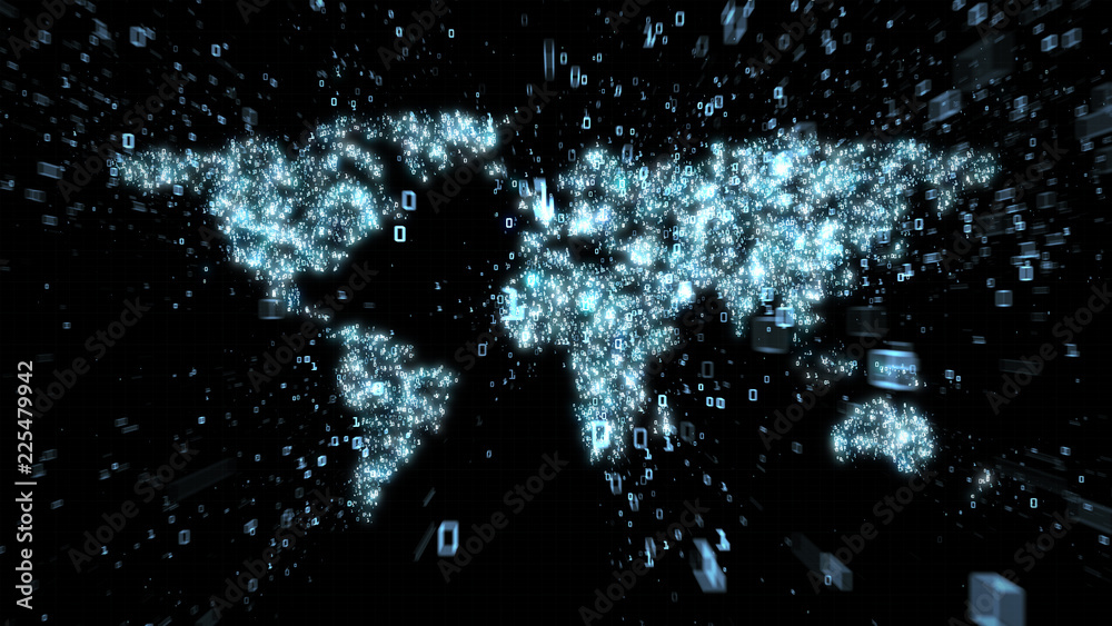 Obraz premium World map as circuitry with binary particle streams of data