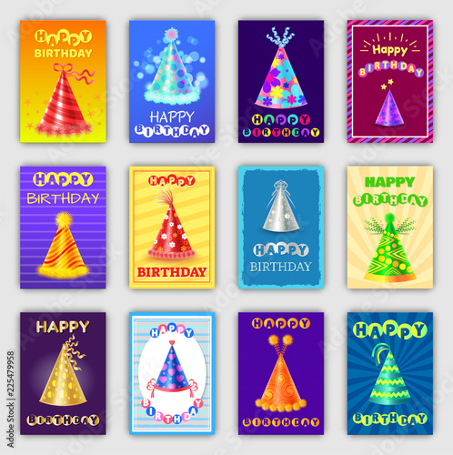 Happy Birthday Posters Set Hats for Party Vector